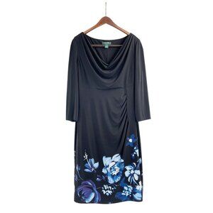 Lauren Ralph Lauren Black Blue Floral Ruched Cowlneck Dress Womens 14 Classic